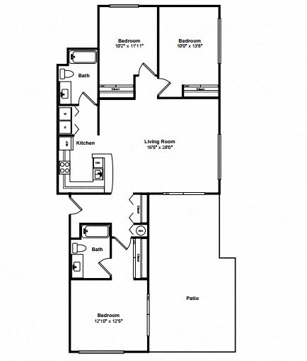 Floor plan for 3 beds, 2 baths, 1230 sqft